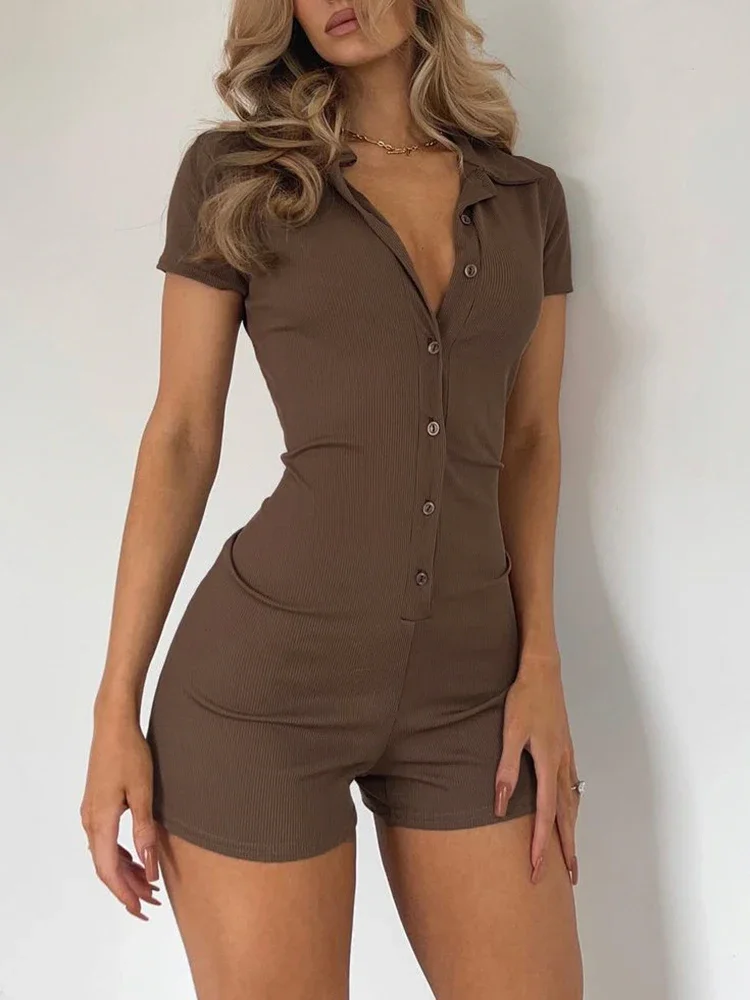 الصلبة زر حتى رفض طوق قصيرة الأكمام ضئيلة مضلع السروال القصير المرأة Playsuit الأساسية خمر قمصان الصيف عارضة