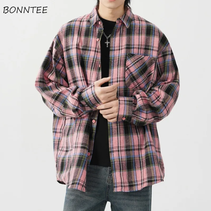

Shirts Men Spring Autumn Long Sleeve Plaid Loose American Style Students High Street Daily Retro Cool Boys Tops Single Breasted