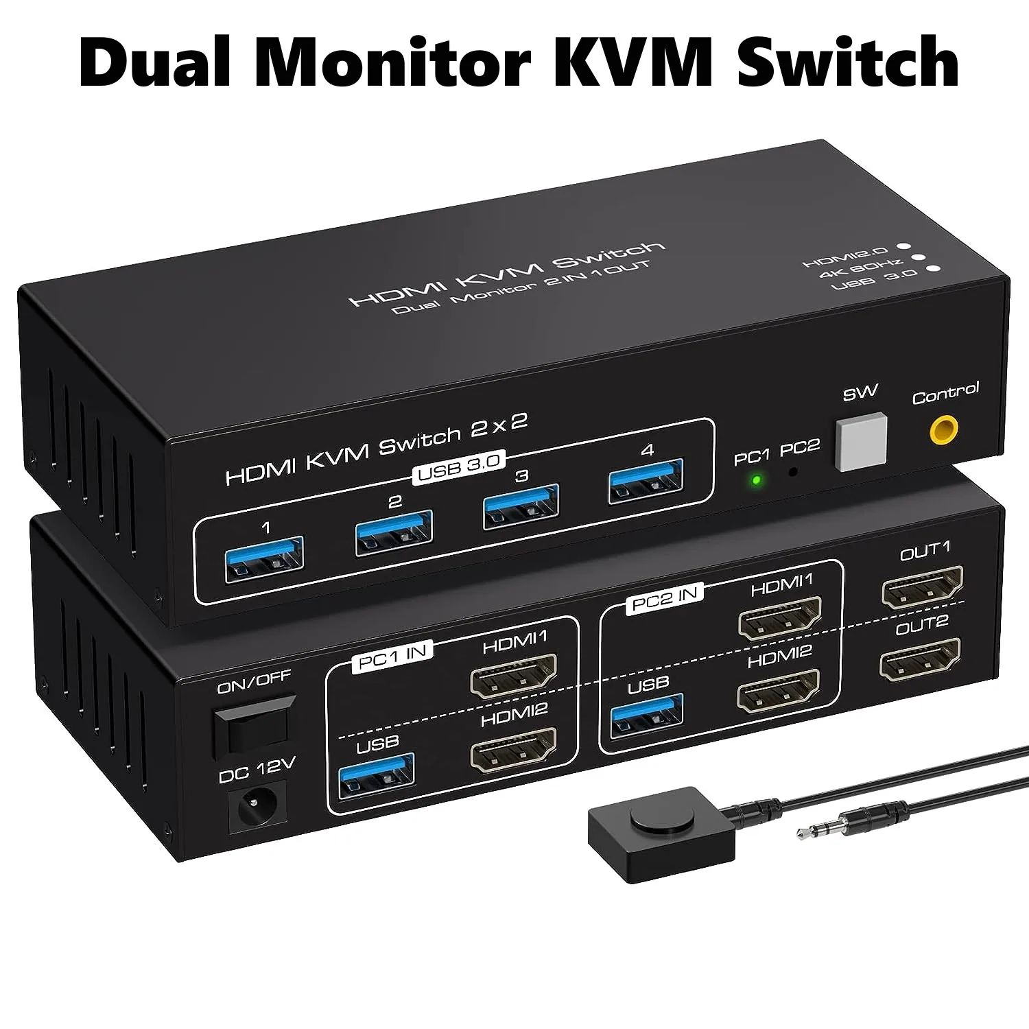 HDMI Dual Monitor KVM Switch, 2 Portas, 4K60Hz, Switcher para 2 Computadores, 2 Monitores com 4 Portas USB 3.0, Suporte Cópia e Extensão