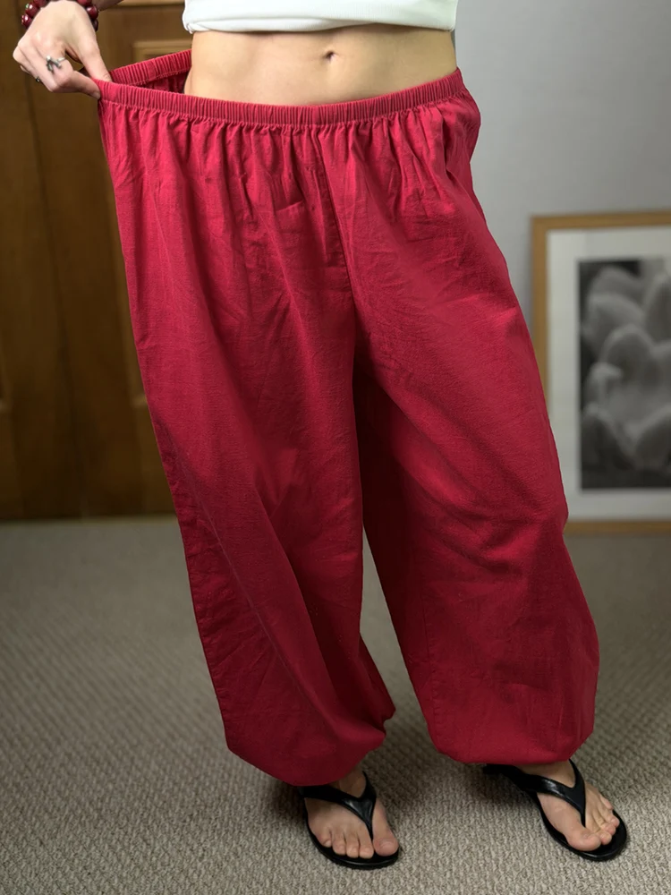 Wide Leg Red Pants For Women Cotton Long Bloomers White Autumn Elastic Waist Lantern Trousers Women Straight Practice Pants Lady