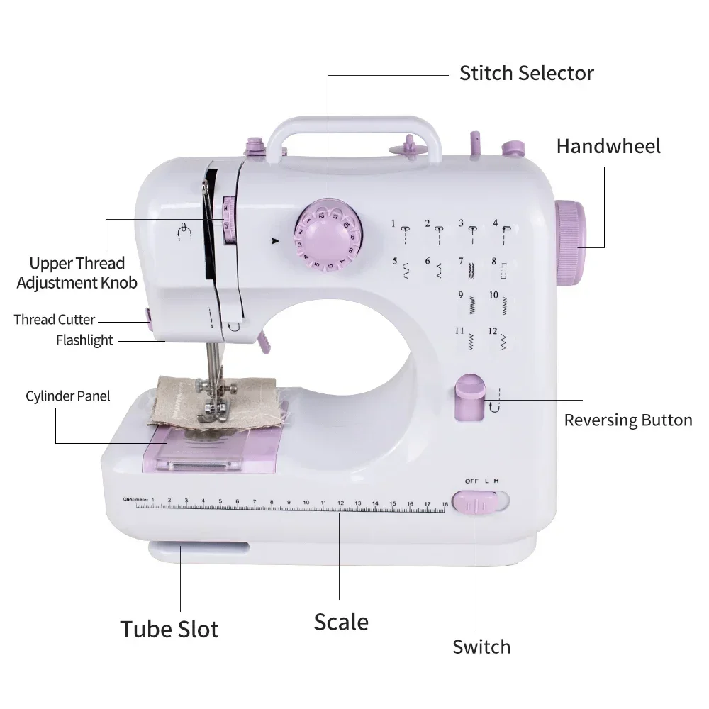 Portable Sewing Machine for Beginners Mini Electric Household Crafting Mending Overlock with 12 Stitches Presser Foot Pedal
