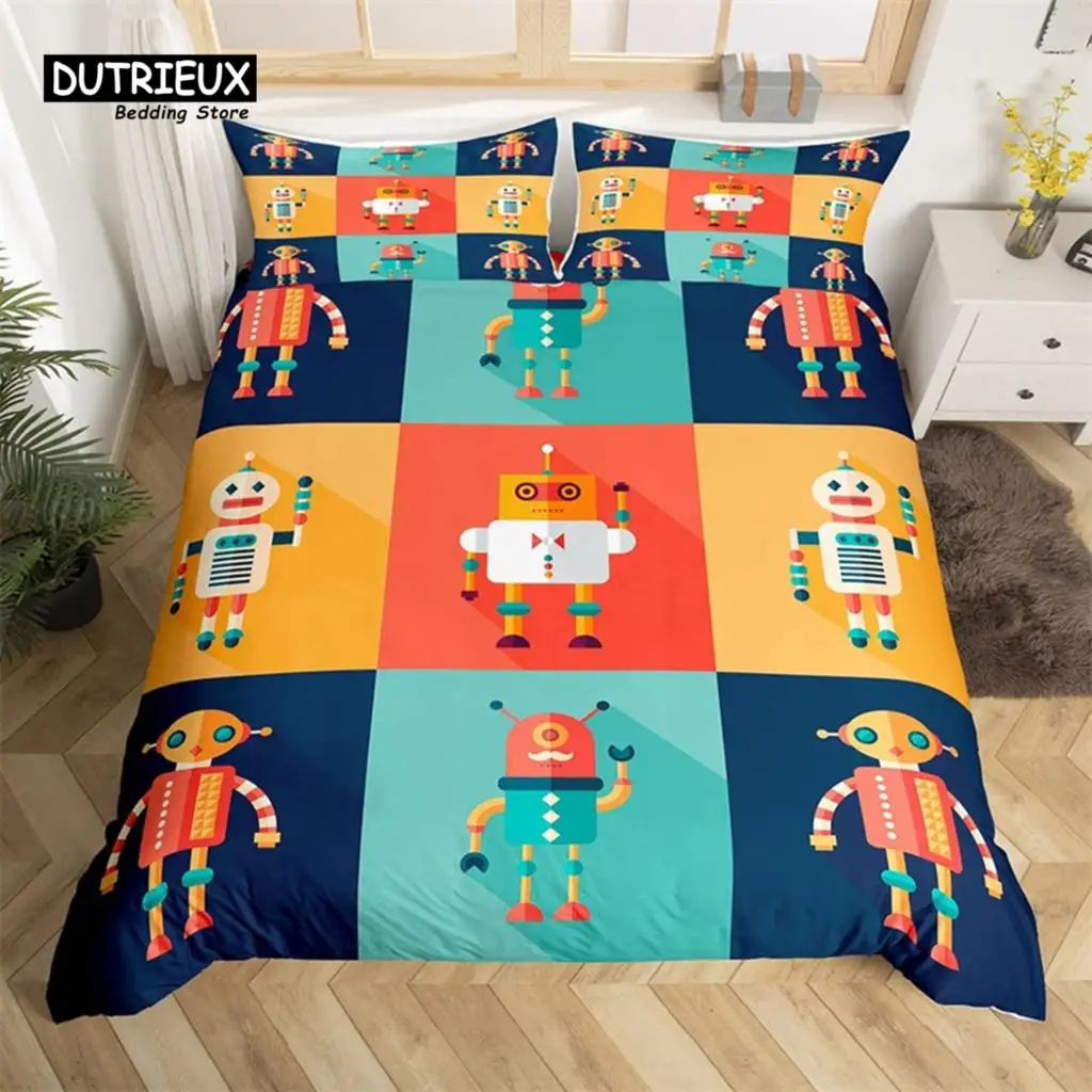 Robot Duvet Cover Set Cartoon Space Robot Bedding Set Patchwork Transformer Futuristic Machine Comforter Cover Twin Full For Boy