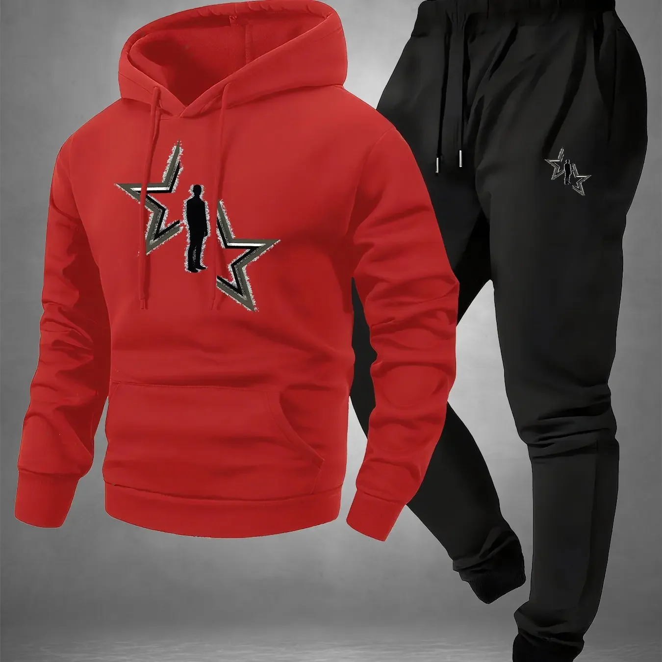 인터스텔라 실루엣 프린트, 2피스 남성용 캐주얼 폴리에스터 풀오버 및 스웨트팬츠 세트, 후드가 있는 긴 소매 풀오버