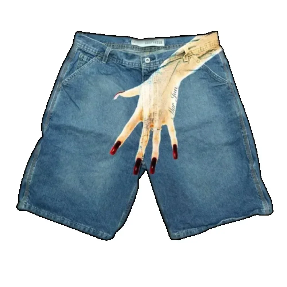 Y2K vintage baggy jeans shorts para mulheres, mãos impressas, streetwear, carga coreana, azul, denim, azul