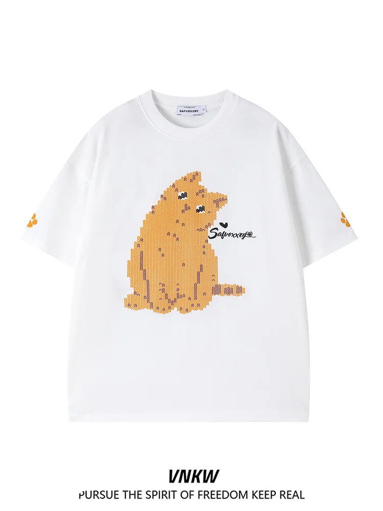 

Футболка унисекс в американском стиле, простая, высококачественная, с коротким рукавом, круглым вырезом, свободного кроя, с забавным принтом с животными, из чистого хлопка, нейтральный стиль, топ