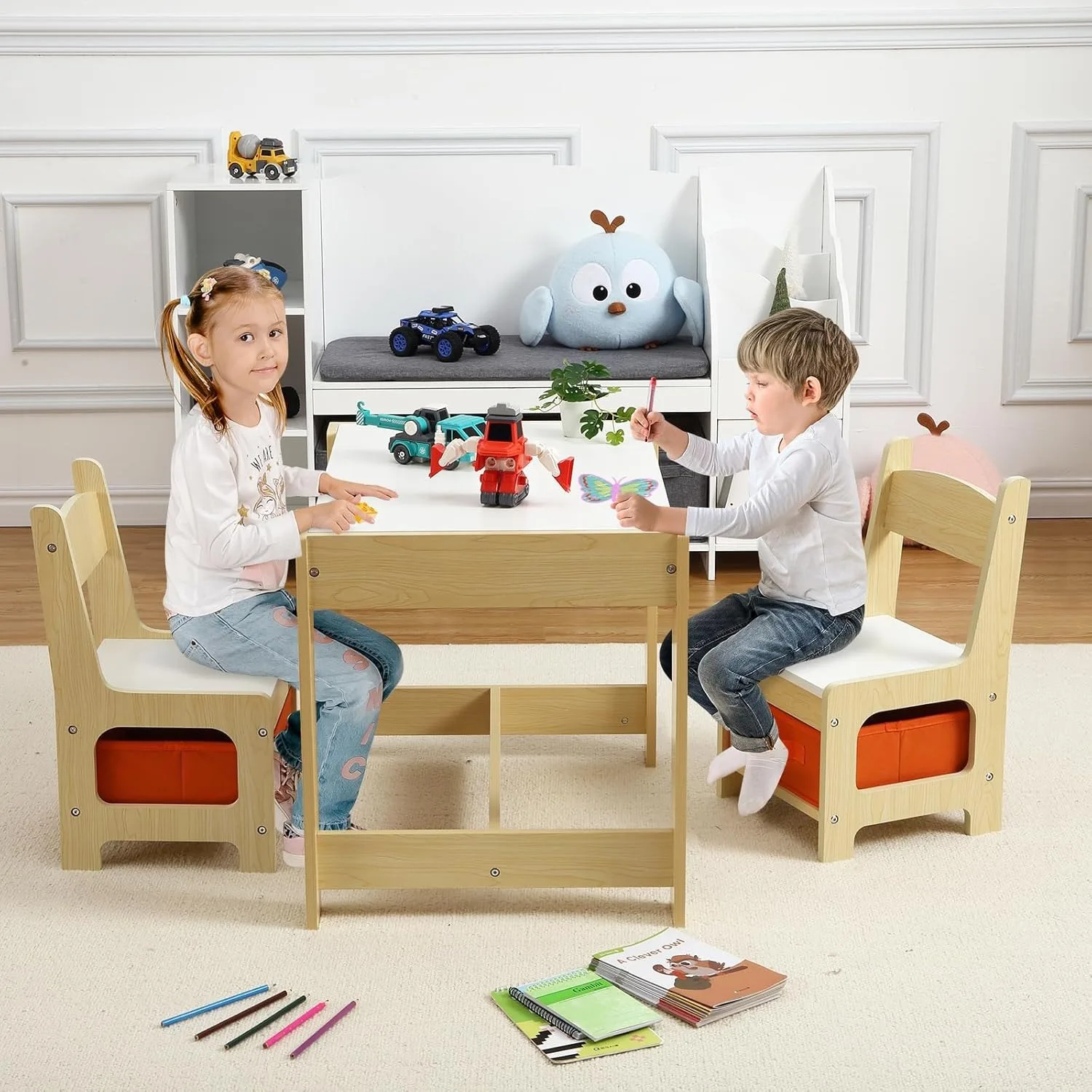 Juego de mesa y sillas para niños, mesa de actividades para niños 3 en 1 con almacenamiento, mesa extraíble, juego de muebles para niños pequeños de 3 piezas para arte