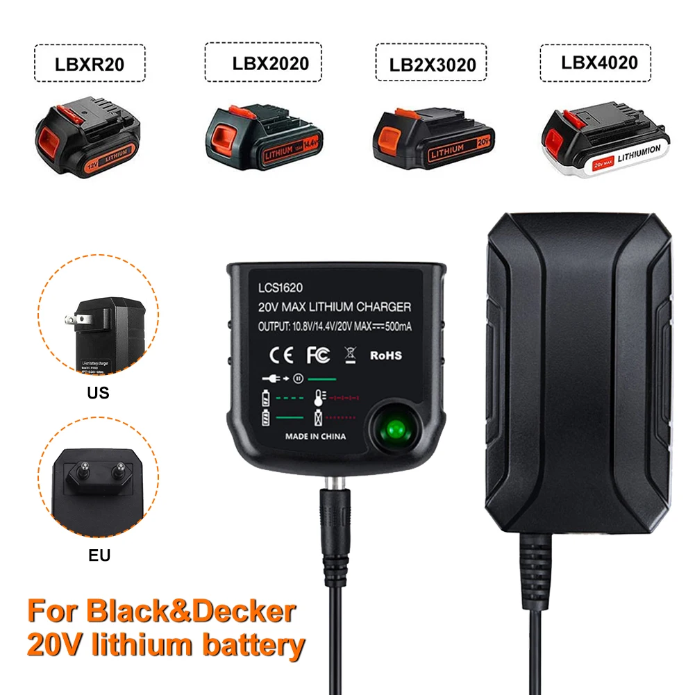 20 Volt Lithium Battery Charger Compatible with 20V Lithium Battery Charger for Black&Decker 20V Lithium Battery EU/US Adaptor