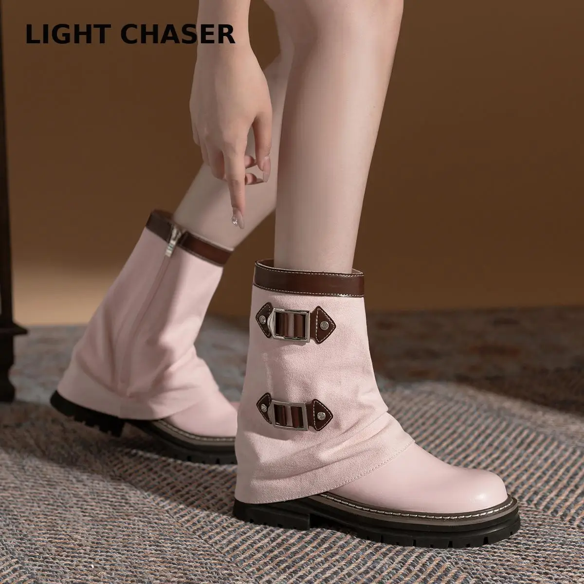 

Pink Pant Boots Summer New Sweet Cool Spice Retro Street Belt Mid-calf Short Boots Lady Zapatos Para Mujeres Shoes For Women