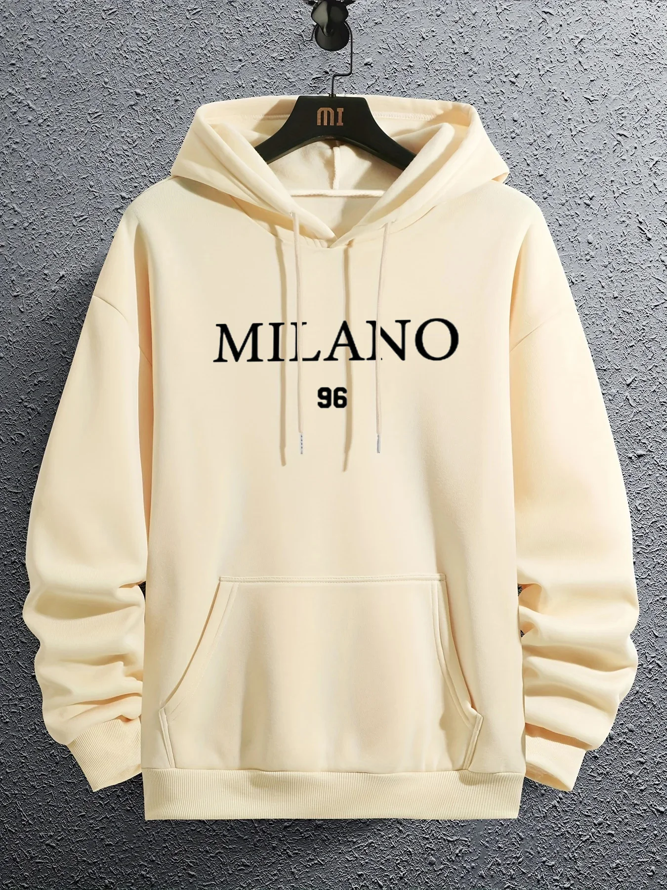 Men\'s autumn and winter fashionable casual loose oversized MILANO 96 printed fleece pullover hooded long sleeved sweatshirt