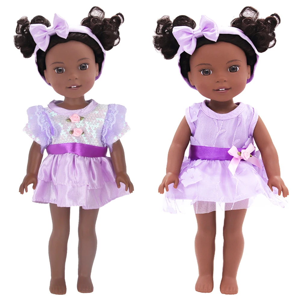 Paarse Strik Poppenkleertjes Voor 14-inch Amerikaanse Poppen Leuke Pailletten Jurk Rok Voor 35 Cm Baby Meisje poppen Kat Hond Speelgoed