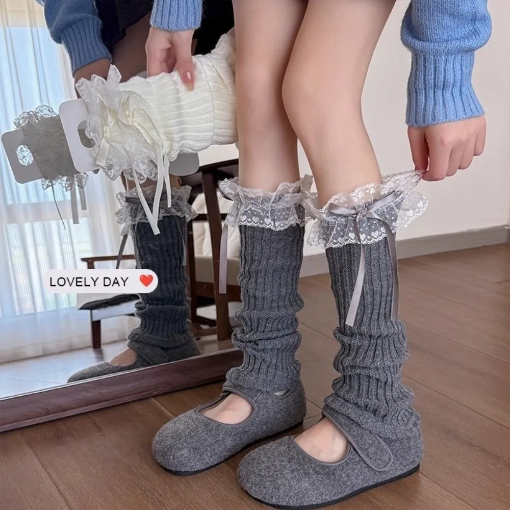 Lace Bow Knit Leg Warmers Ruffle Trim Knit Design Ruffle Frilled Socks Slouchy Fit Stacked Style Stacked Leg Socks JK Style