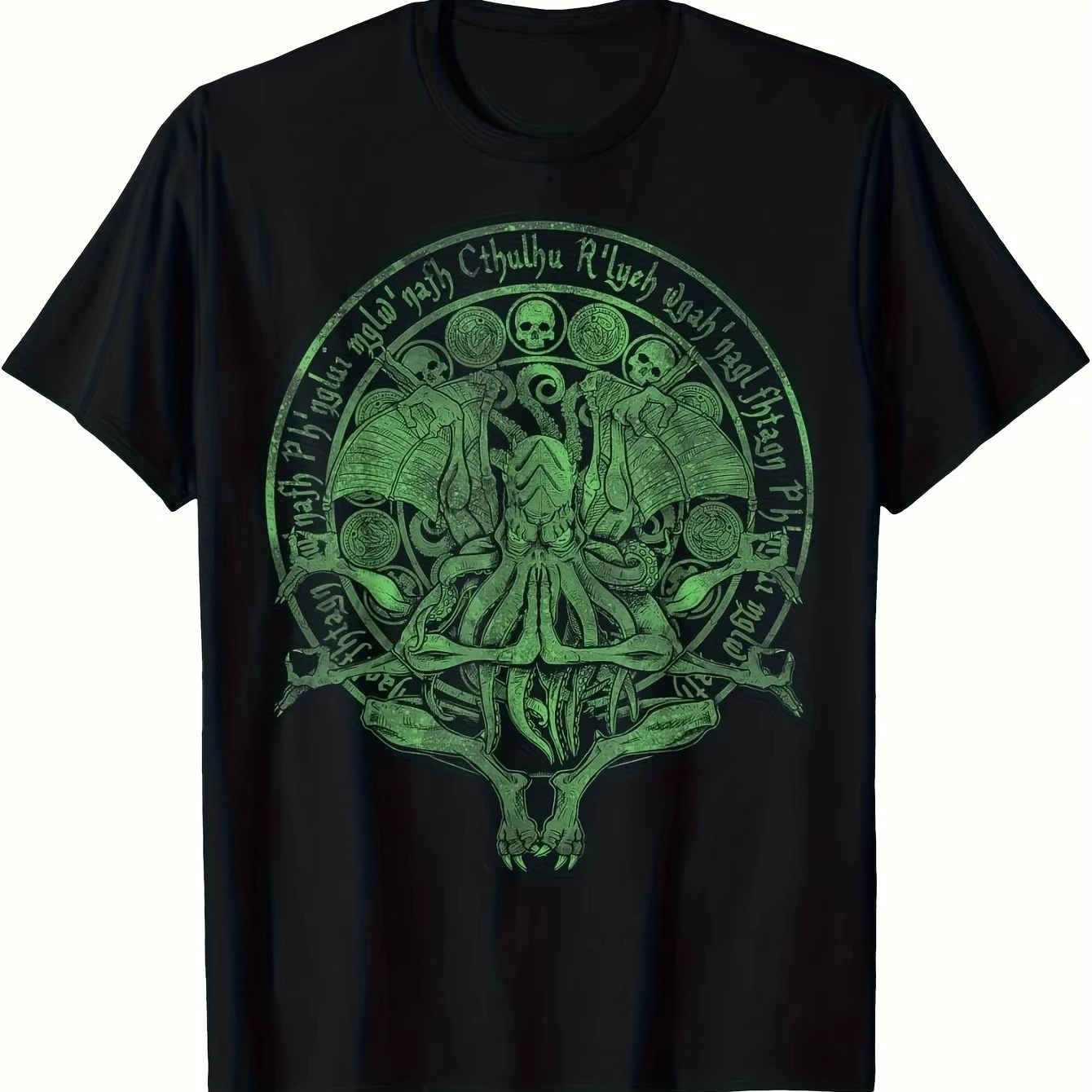 Men's Cthulhu Lovecraft T-shirt Green Necronomicon Rune Cthulhu Idol Design with Raccoon & Skull Print Fit Cotton Crew Neck Tee