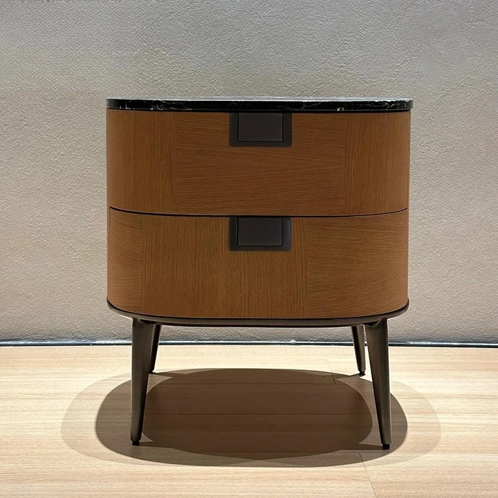 

Modern Minimalist Warm Wood Bedside Table with Black Marble Top - 2-Drawer Bedroom Nightstand with Tapered Legs