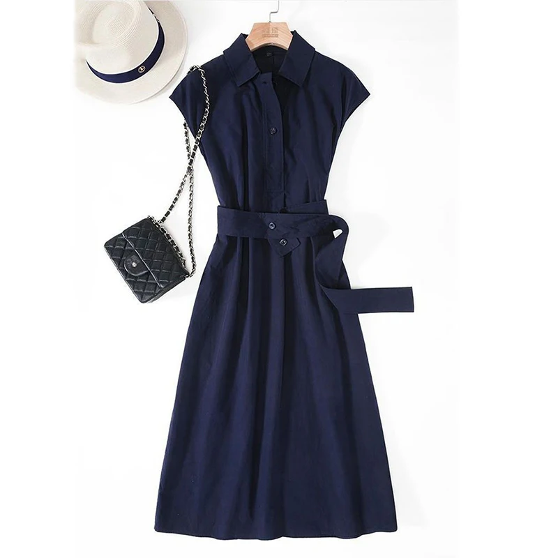 موضة الصيف فستان طويل أنيق المرأة قصيرة الأكمام رداء النمط الفرنسي سليم بولو طوق Vestidos 2024 شيك الأزرق الداكن Elbise
