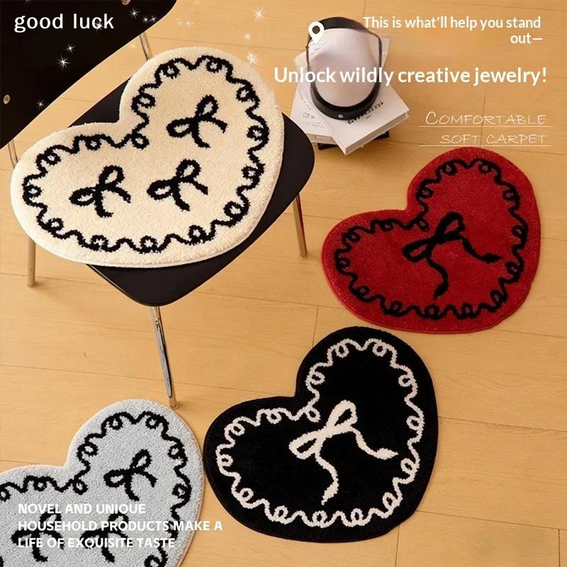 Cute Heart Shape Bow Pattern Rug Soft Fluffy Non Slip Floor Mat Decorative Tufted Carpet For Bedroom Bathroom Home Decoration