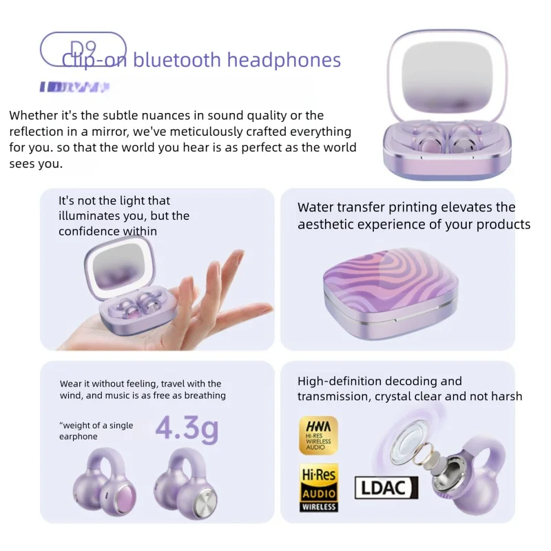 

AI Ear-Clip Air-Conduction Bluetooth Sports Earphones Ultra-Long Battery Life Hifi Anti-Leakage Sound Makeup Mirror Case Earbuds