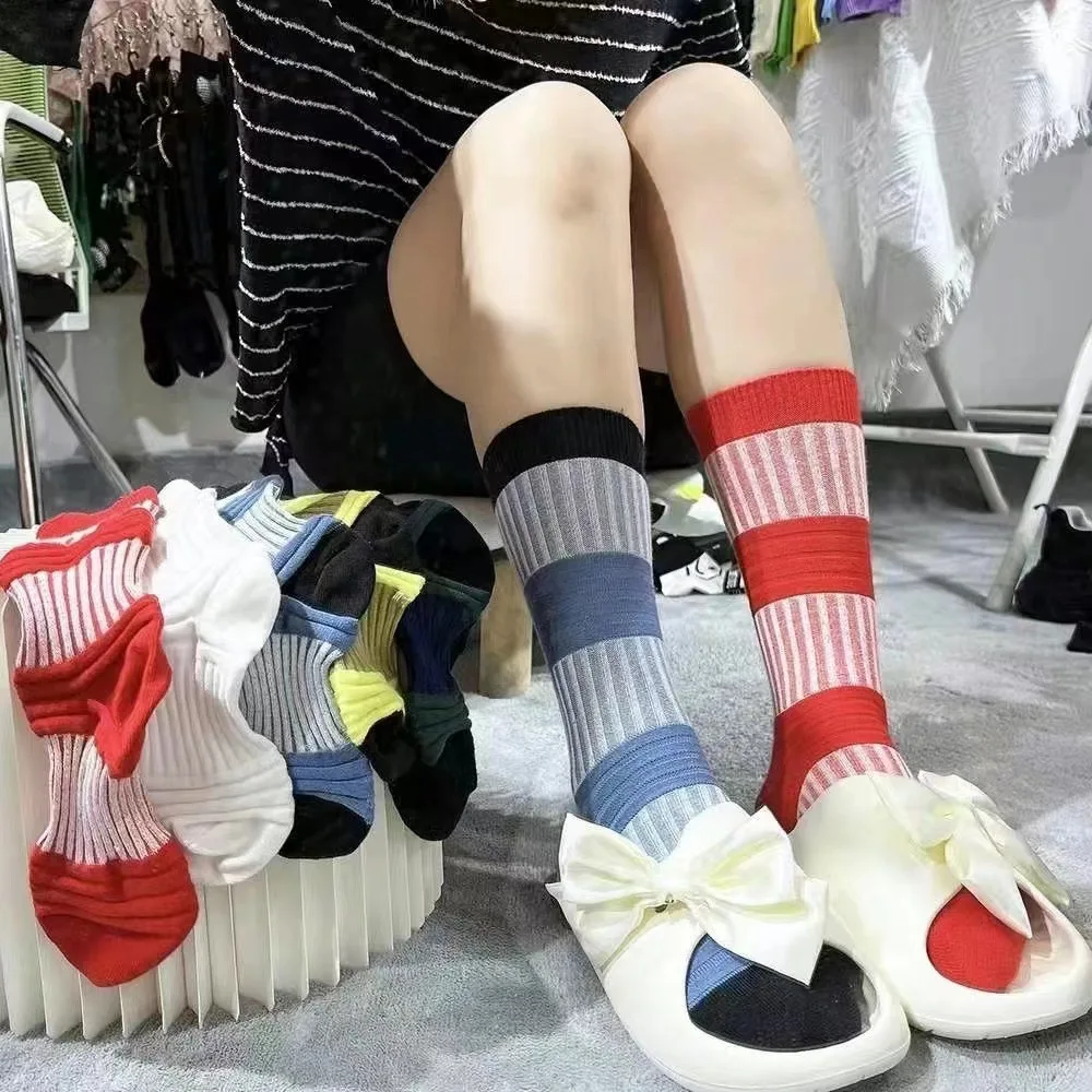 Pleated Striped Mid-tube Socks Women's Contrast Color Lantern Sock Double Needle Trend Color Cotton Ins Tide Brand Niche Socks