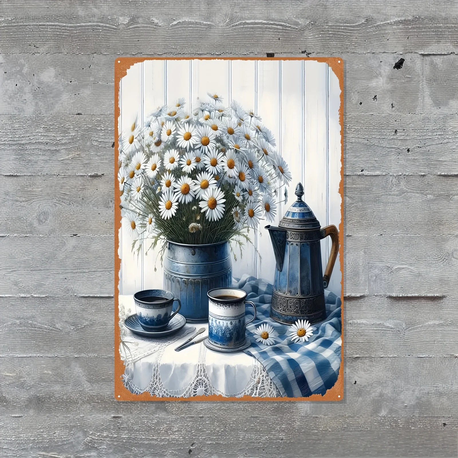 Vintage Blue Floral Iron Wall Decor Farmhouse Tin Sign with Daisies 8x12 Inch