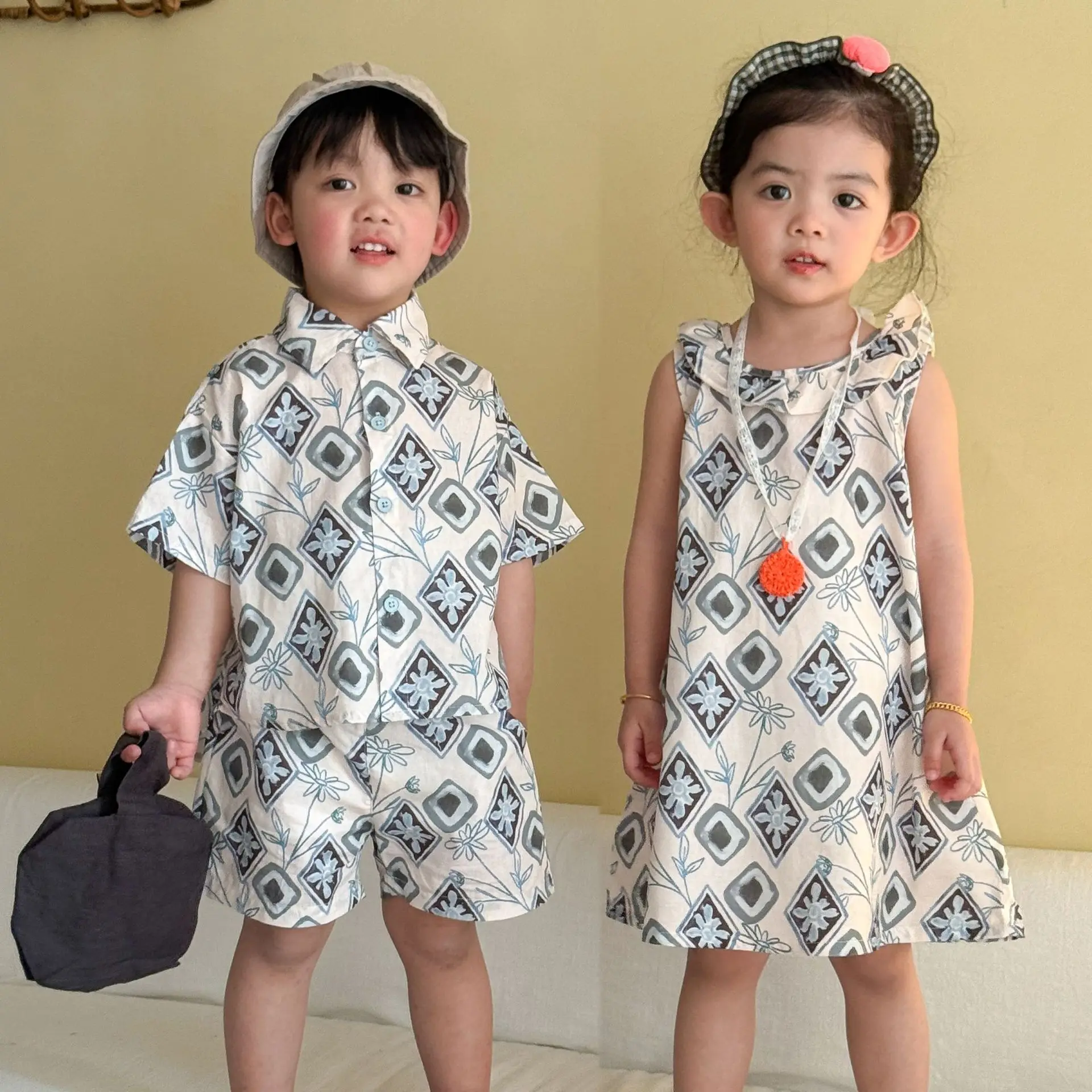 2026 New Boys Summer Clothes 2pcs Shorts Set Children Beach Vacation Brother and Sister Outfits Kids Girls Fashion Vest Dress