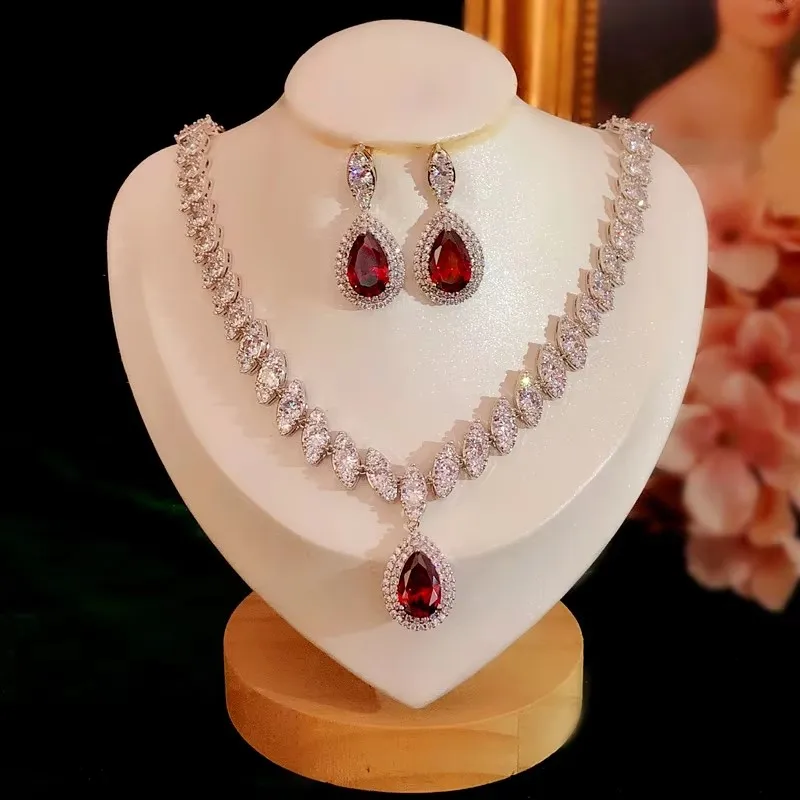 CC Red Jewelry Set for Women Party Wedding Bridal Engagement Accessories Necklace Drop Earrings 2 PCS Set Luxury Gift S028