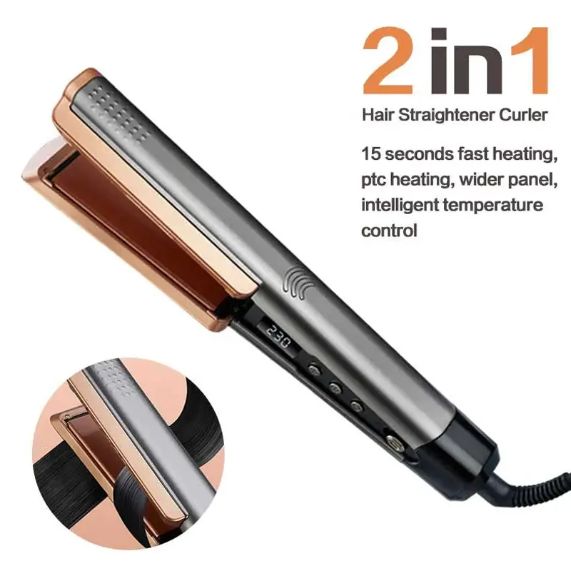 

Professional 2-in-1 Ceramic Hair Straightener Curl Ionizer with LCD Wide Panel Straightener, Temperature Adjustable