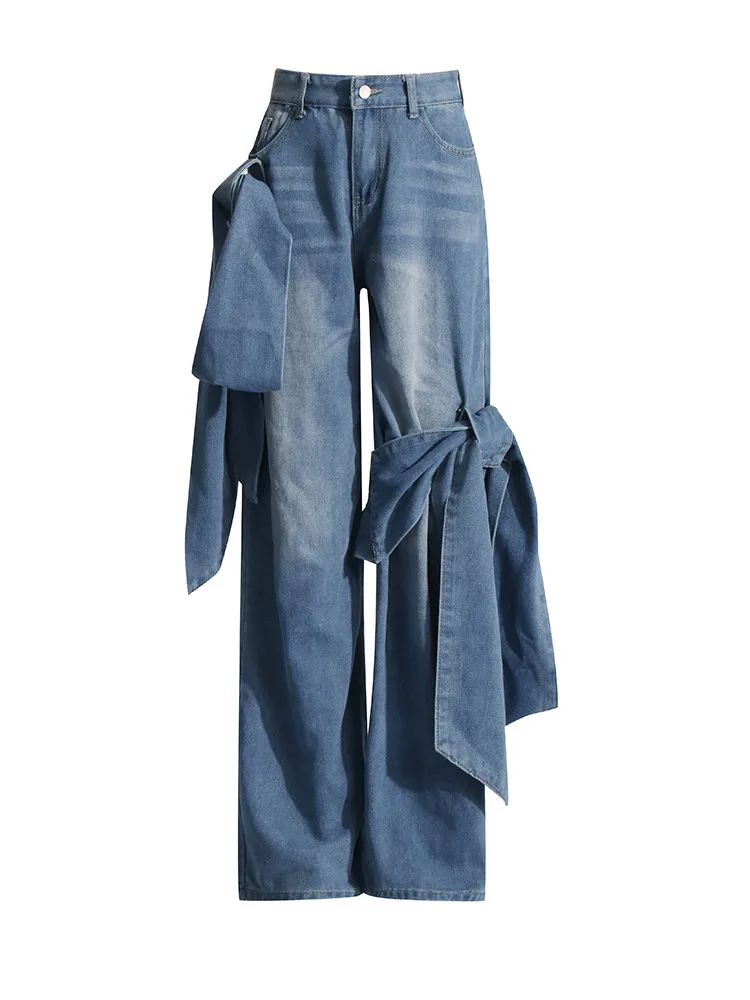 TWOTWINSTYLE Streetwear Patchwork Lace Up Denim Pant per le donne pantaloni a gamba larga firmati con bottoni impiombati a vita alta stile femminile