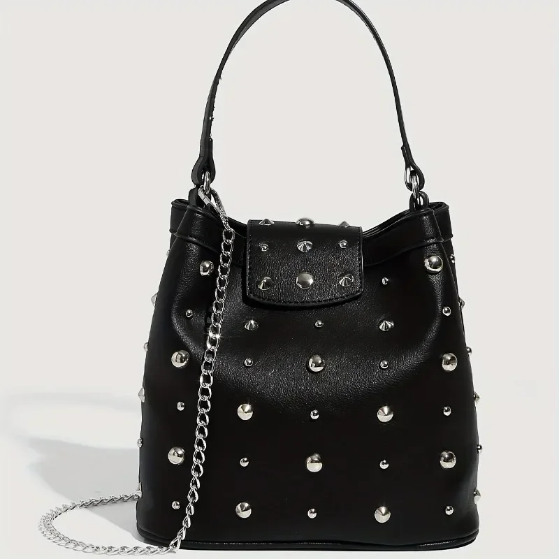 White Leather Single Shoulder Bag, Riveted Carry-on Bag Large Capacity, Fashionable Zipper Chain Diagonal Cross Bags