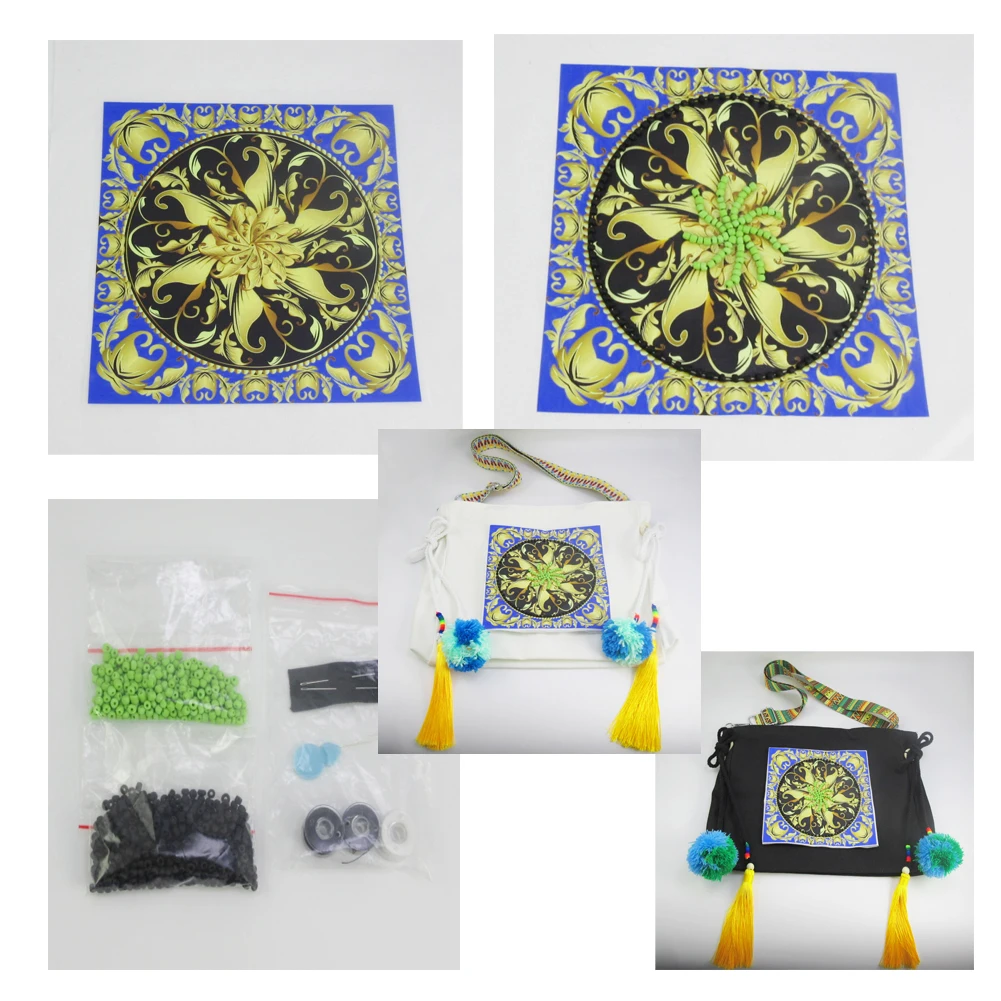 Mandala Bohemian Hippie Vintage DIY Stress Reliever Needle Crafts Beaded Cross Painting Stitch Kits Embroidery Free Bag M-003