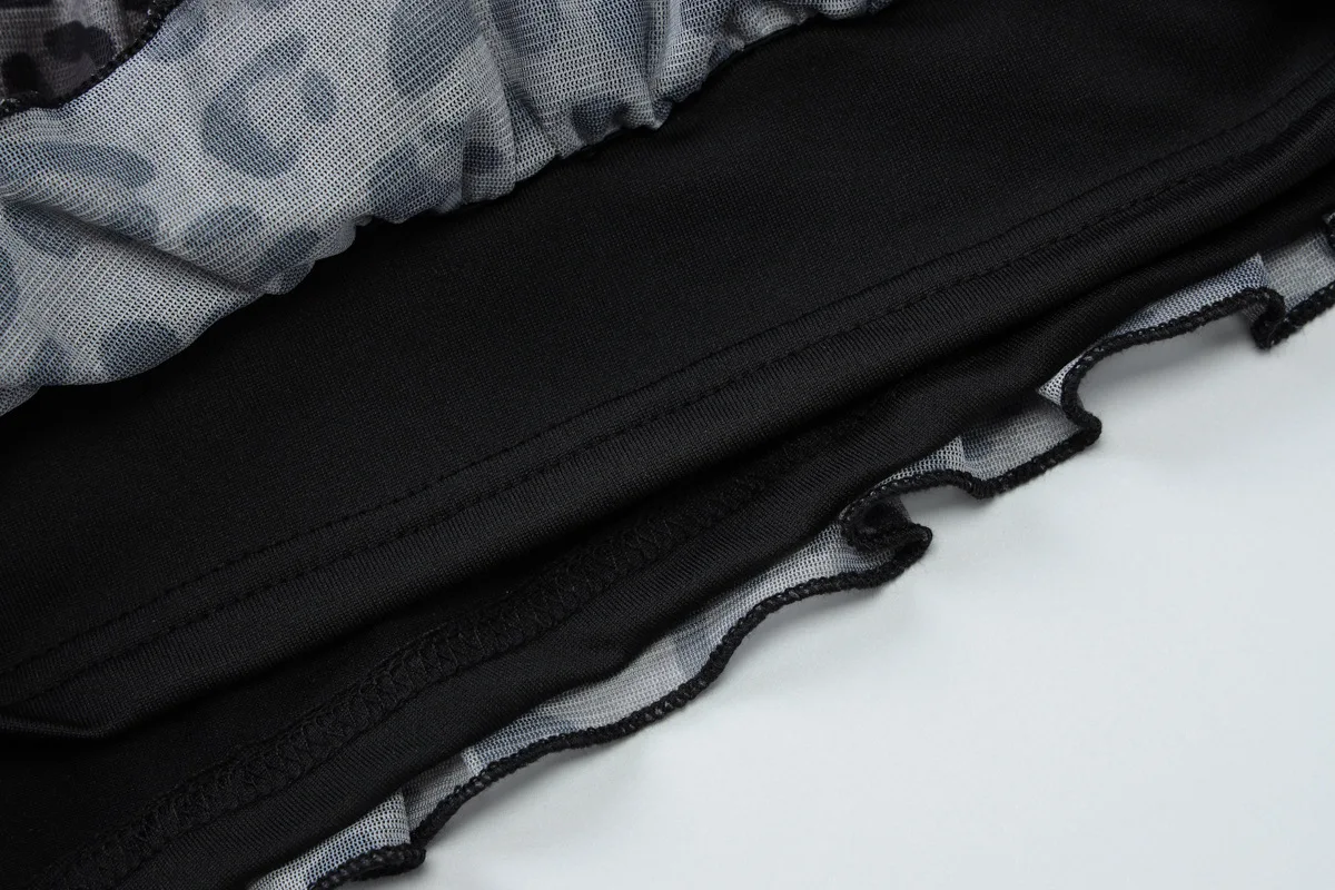 2025 Summer Leopard Print 2 Piece Set Women Sexy Lace Patchwork Strapless Crop Tops + Cascading Ruffles Shorts Clubwear Suits