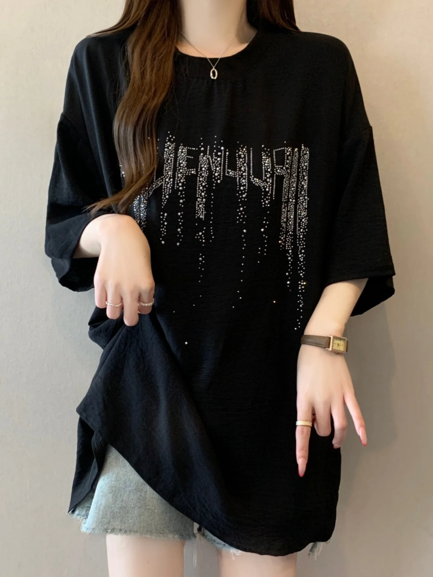 Heavy Duty Rhinestone Short Sleeve T-Shirt Women's Summer Loose Mid-Length Base Shirt Cover Butt Korean Style Knitted Top