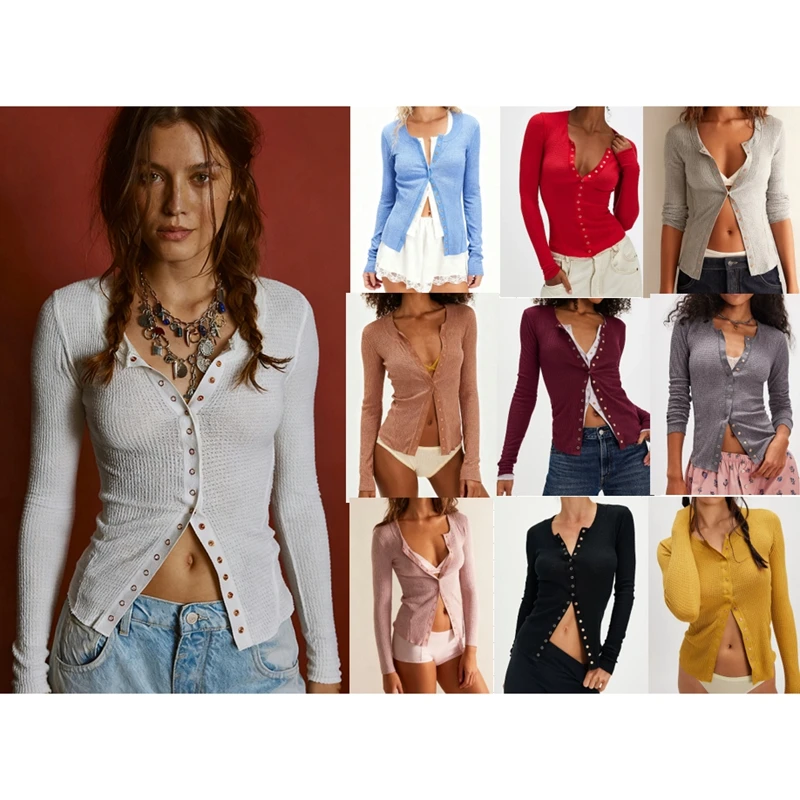 

Combhasaki Women Waffle Long Sleeve Button Up Sheer Tees Shirt Y2k Boutique Going Out Slim Fit Cardigan Top Irregular Hem Blouse