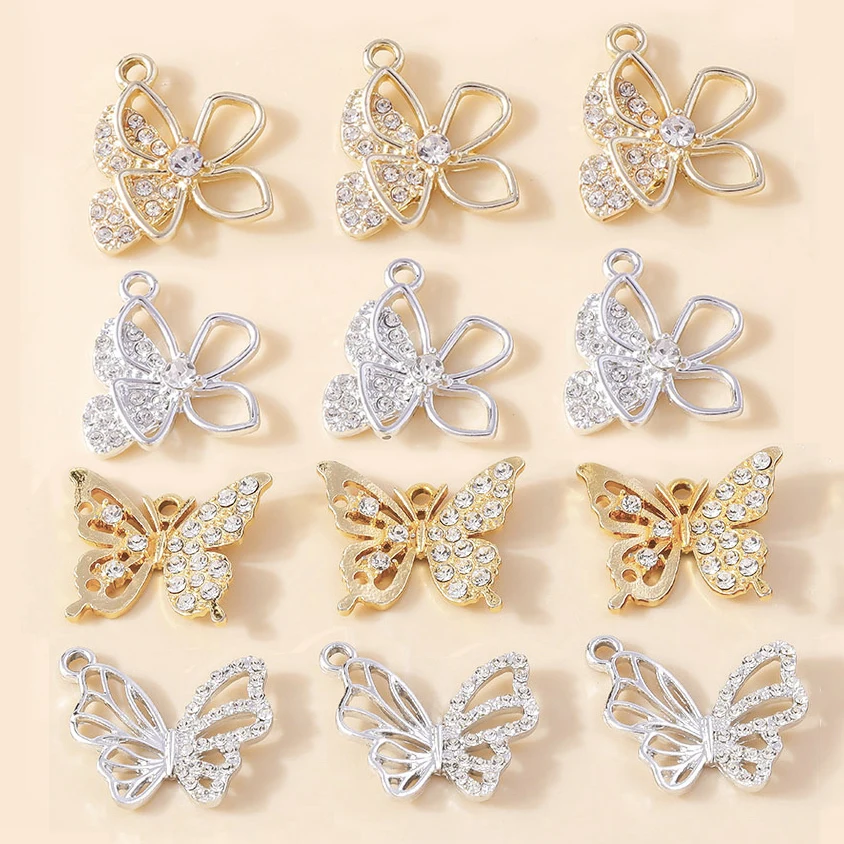 Leslie 10 Stück zarte Gold-Silber-Farbe, Kristall-Schmetterlings-Charm-Anhänger für Ohrringe, Halsketten, Damen, Schmuckherstellung, Zubehör – Detail 1