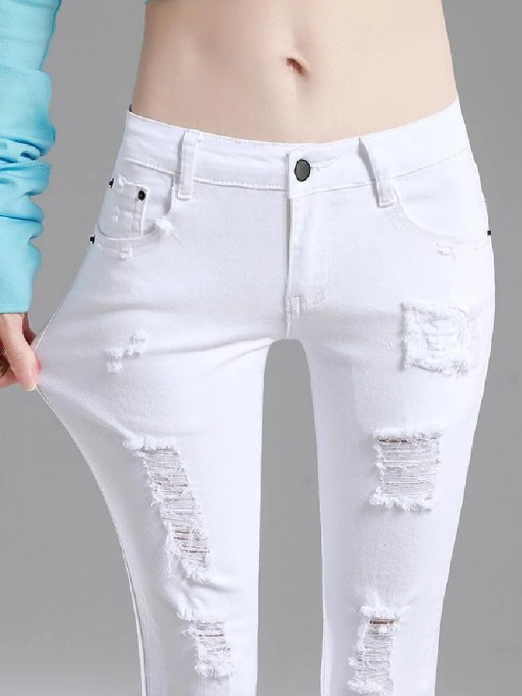 

Женские летние тонкие джинсы с высокой талией, корейский стиль, с дырками, утягивающие, укороченные, фасон «карандаш»