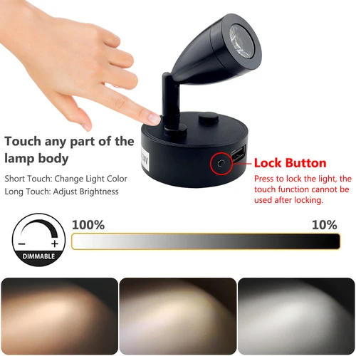 Imagen 2 del producto Foco LED de lectura interior RV de 12-24 V, 3 colores regulables 360 ° Lámpara de pared giratoria para camper, furgoneta, caravana, barco con puerto USB