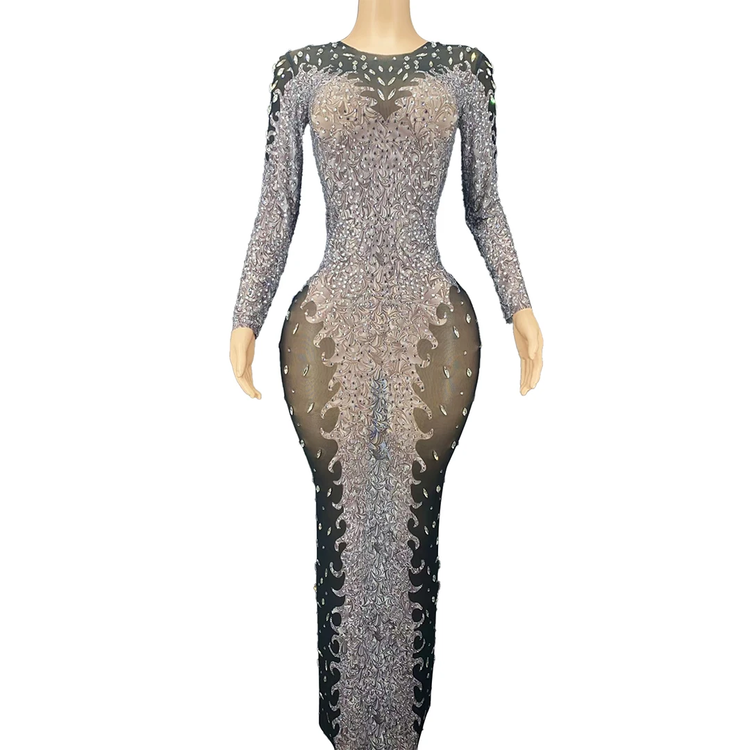 

Luxury Sparkly Rhinestone Black Sheer Mesh Long Dress Birthday Sexy Women Long Sleeve Mermaid Formal Prom Evening Gown Heiwenli