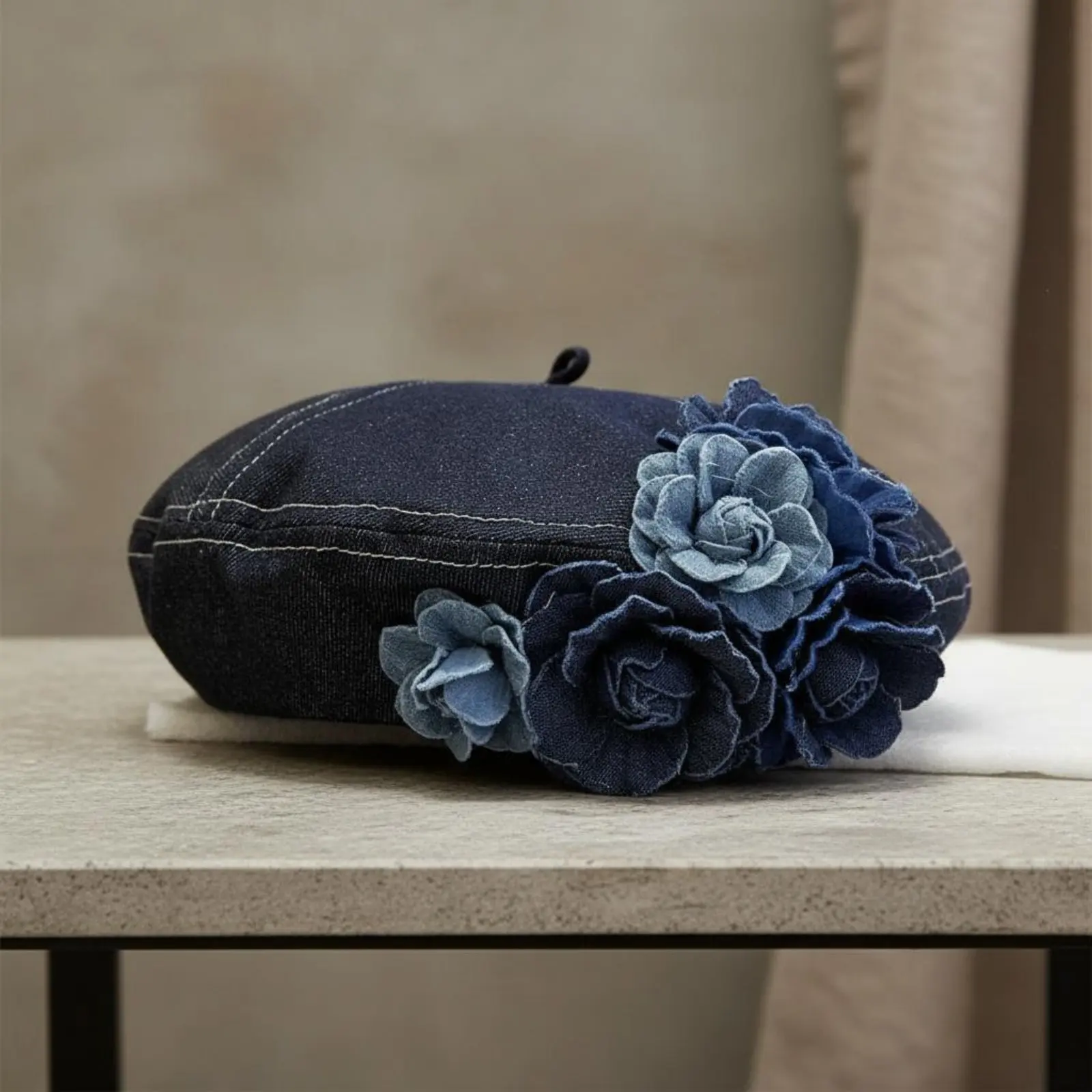 Floral Jean Fabric Beret Puffy Shape 3D Flower Beret Blossom Jean Fabric Hat Fashionable Headwear Year-Round Wear for Women