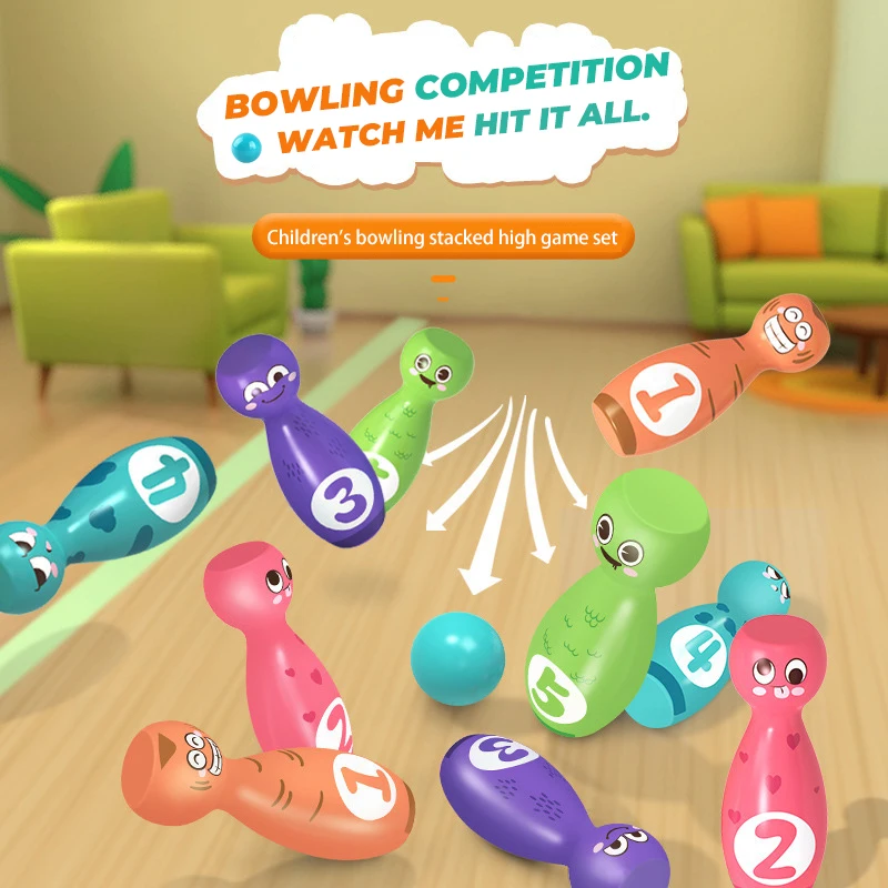 ชุดของเล่นกีฬาโบว์ลิ่งสำหรับเด็กพร้อมการแสดงอารมณ์การ์ตูนแสนสนุก กีฬาในร่มและกลางแจ้ง ของเล่นเสริมพัฒนาการเด็ก ของเล่นเสริมทักษะ ของขวัญ