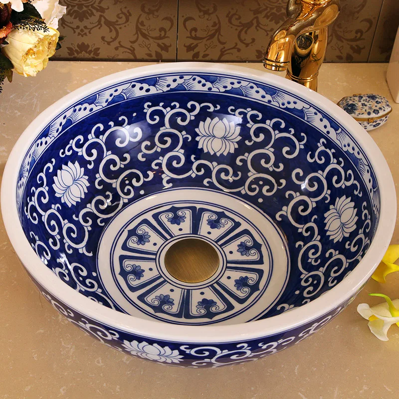 Hand Paint Flower Design Blue And White Ceramic Vessel Sink Above Counter Wash Basin For Bathroom Wc