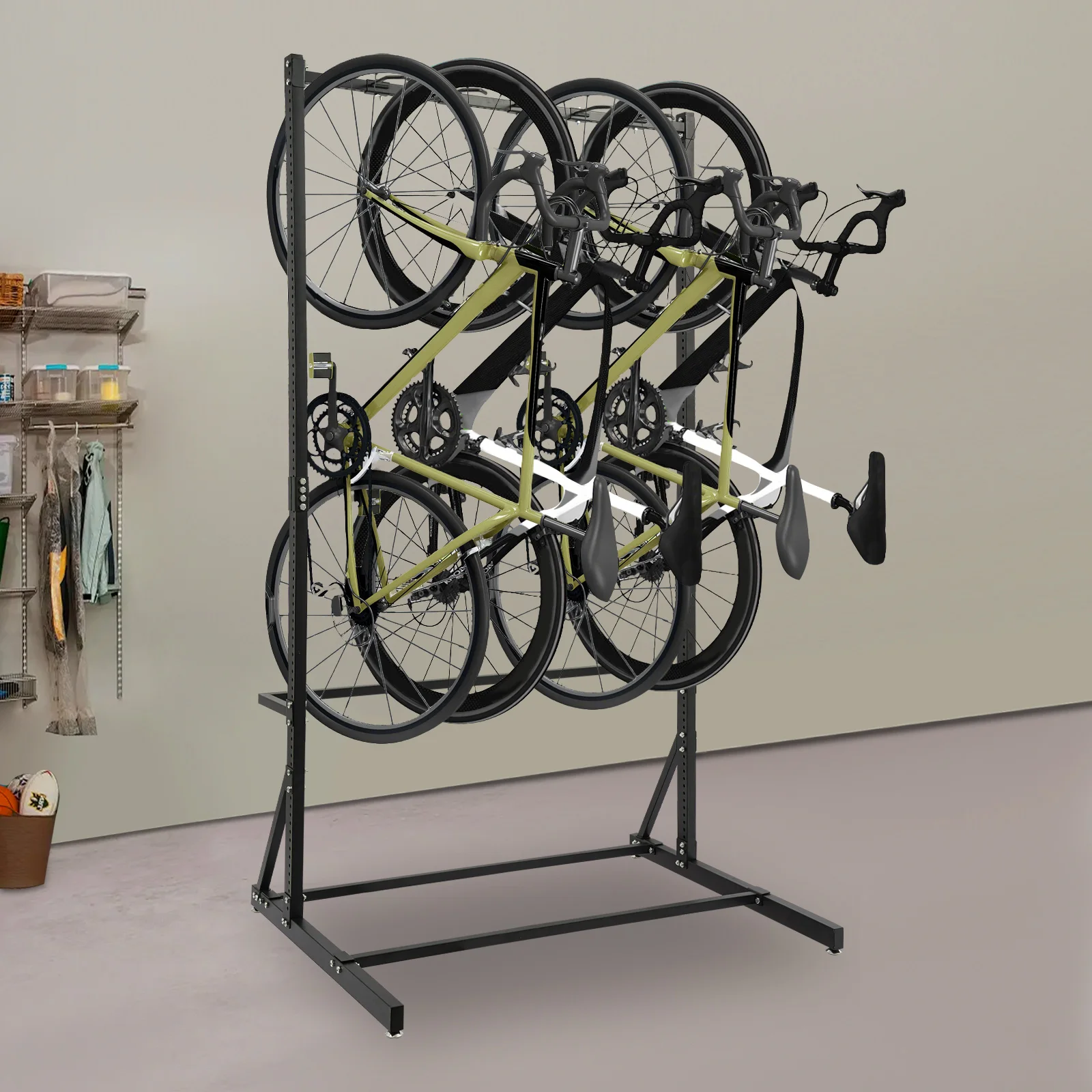 Schwarzes 5-Fahrrad-Aufbewahrungsregal aus Eisen, 330 Pfund, vertikaler Fahrrad-Organizer für Garage, Keller, Fahrrad-Reparaturwerkstatt