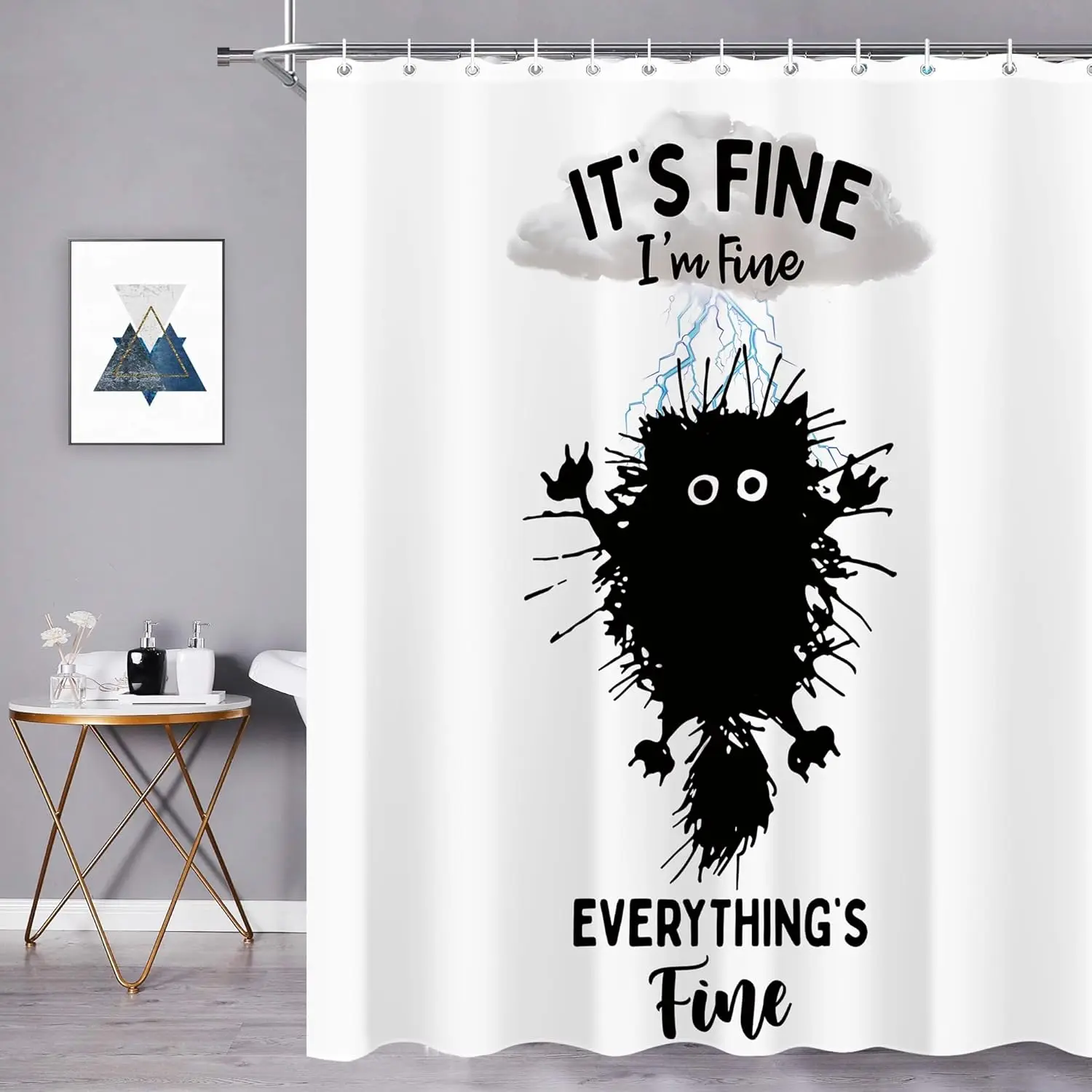 Funny Black Cat Shower Curtain Everything is Fine Lightning Animal Fun Waterproof Bathroom Bathtub Decor with Hooks