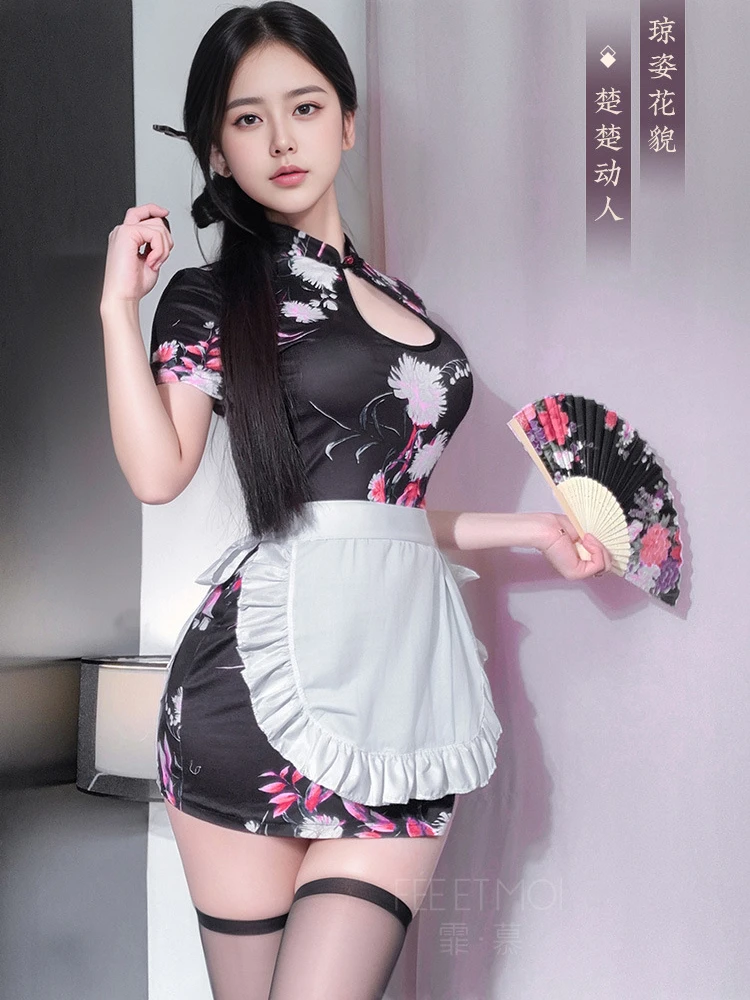 Chinese Women\'s Lingerie Cheongsam Cosplay Maid Apron Costume Dress Improved Vestidos Vintage Mandarin Collar Qipao Dresses