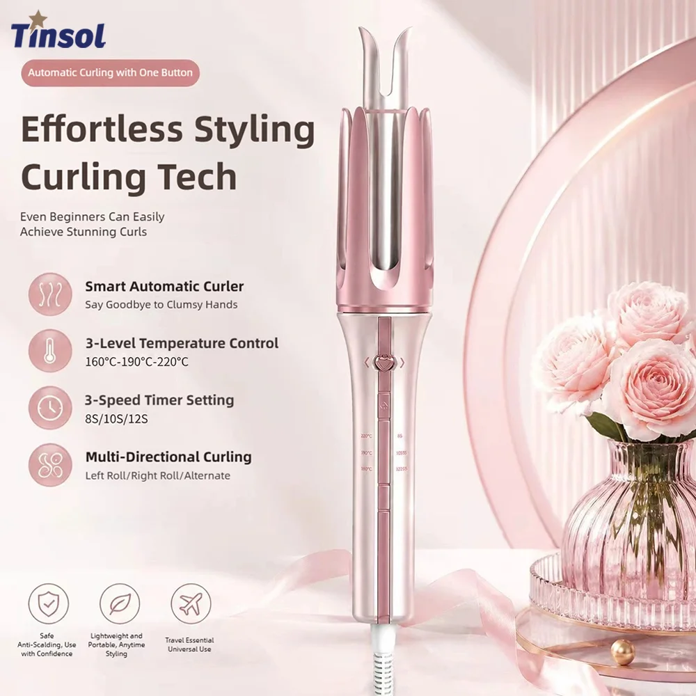 TINSOL 32MM Negative Ion Automatic Curling Iron, Professional Large Wave Curler, Automatic Rotating Curler Styling Tool