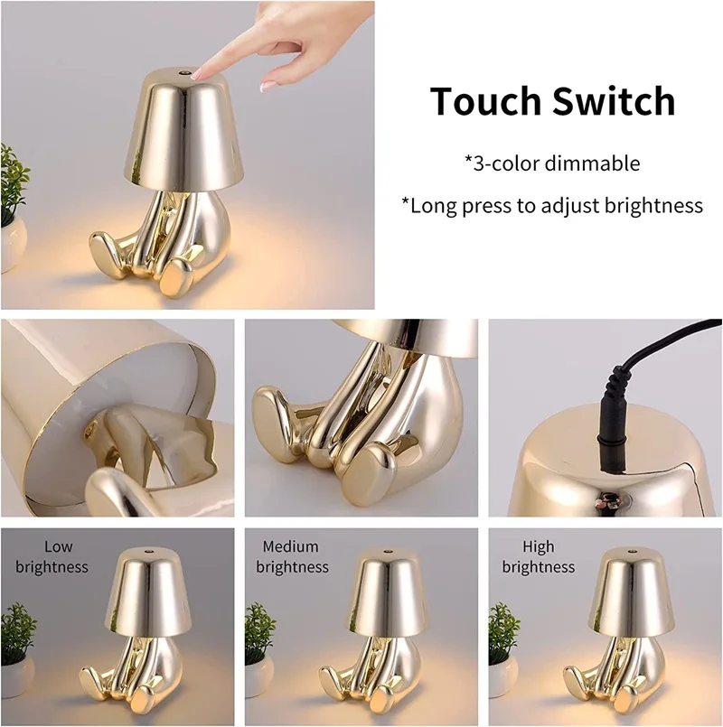 Creative Thinker lampada da tavolo Touch Dimming Night Light Little Golden Man lampada da scrivania LED Cute Resin Gift Decor per Bar/Cafe/Home