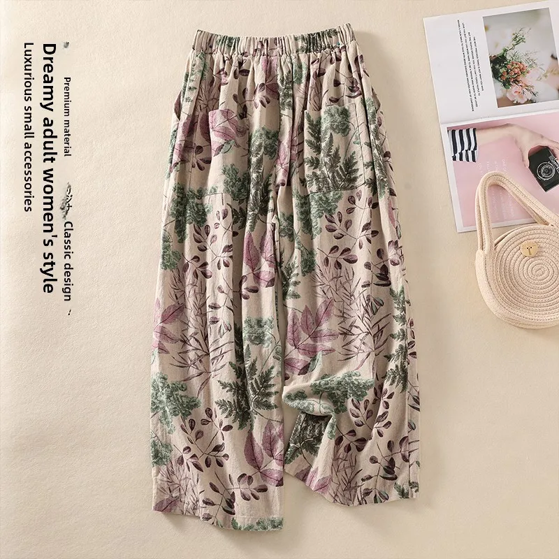 Women's Summer Comfortable Loose Waist Printed Cotton Linen Wide Leg Pants Thin Model Casual Eighteen Pants Floral Pattern