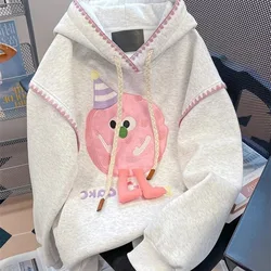 Women's autumn and winter loose fitting 3D embroidered cartoon top with thickened fleece hooded sweatshirt