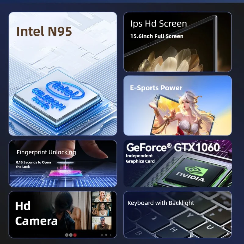 كمبيوتر محمول رفيع للألعاب مقاس 15.6 بوصة Intel N95 GTX1060 مزود بإضاءة خلفية ولوحة المفاتيح وأجهزة الكمبيوتر المحمولة وأجهزة الكمبيوتر المحمول التي تعمل بنظام التشغيل Windows 11 صفقات رخيصة الثمن