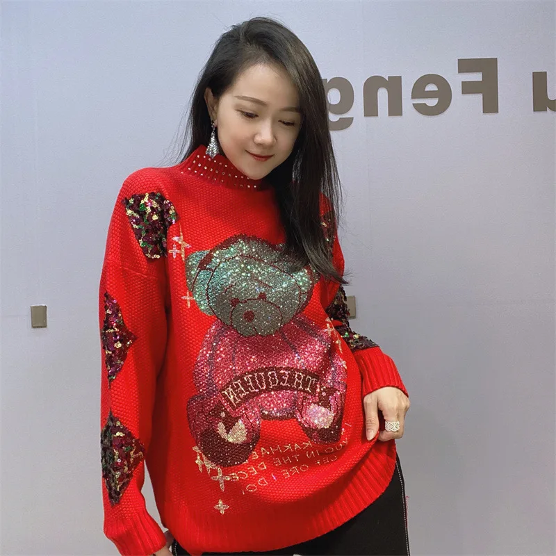 Balck Pullover Long Sleeve Sweater Female 2023 Autumn Winter Turtleneck Sweater Women\'s Loose Cartoon Rhinestone Knitwear Top