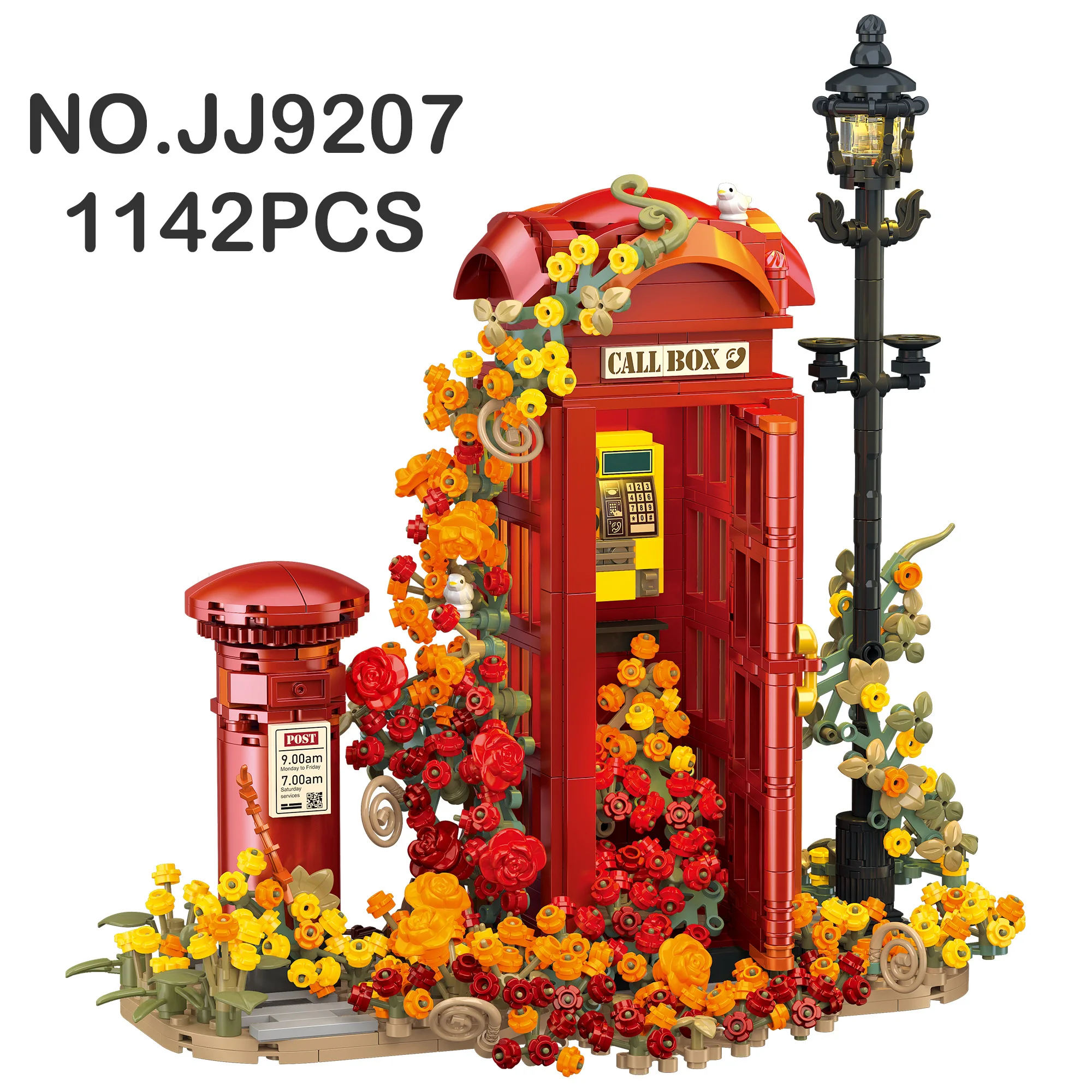 

1142pcs Retro British Red Phone Booth Assembly Toy Building Blocks MOC Classic Mailbox Floral Wrapping Light-Up Kids Gift Toys