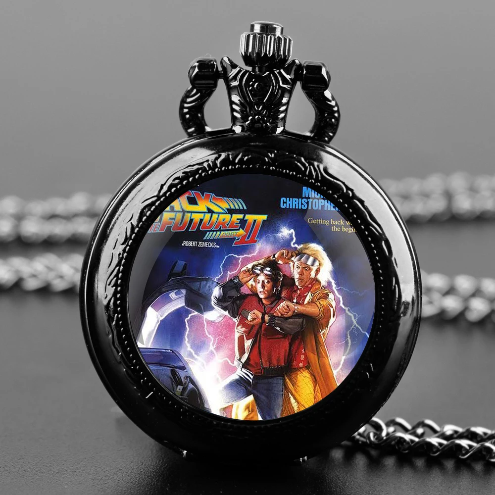 Back to The Future Vintage Glass Dome Pocket Watch with Chain Necklace Vintage Quartz Pendant Watches Clock Chain Mens Women