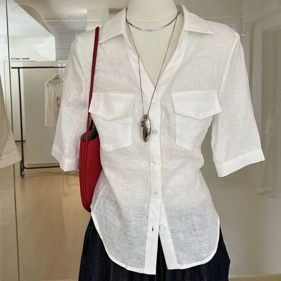 Lightweight Pure Color  Neck Five-Quarter Sleeve Shirt Women's Business Casual Breathable Summer New Style Midi Sleeve Shirt